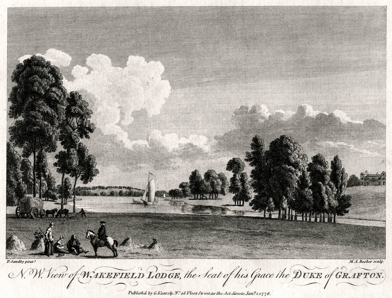 Vista noroeste da Wakefield Lodge, sede de sua graça, o duque de Grafton, 1776 de Michael Angelo Rooker