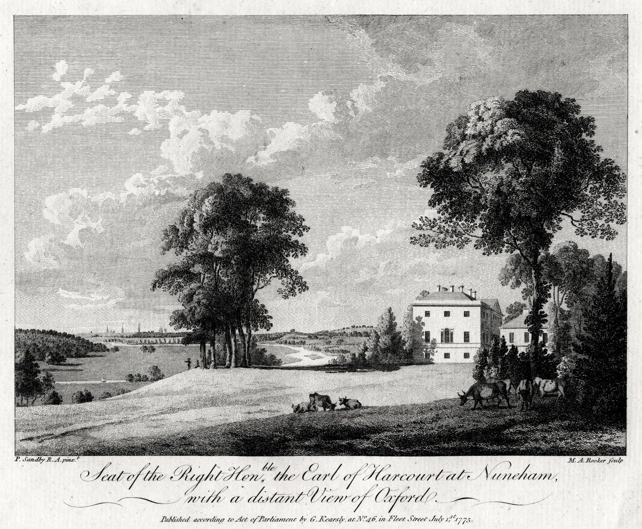 Sede do Direito Honorável Conde de Harcourt em Nuneham, com uma visão distante de Oxford, 1775. de Michael Angelo Rooker