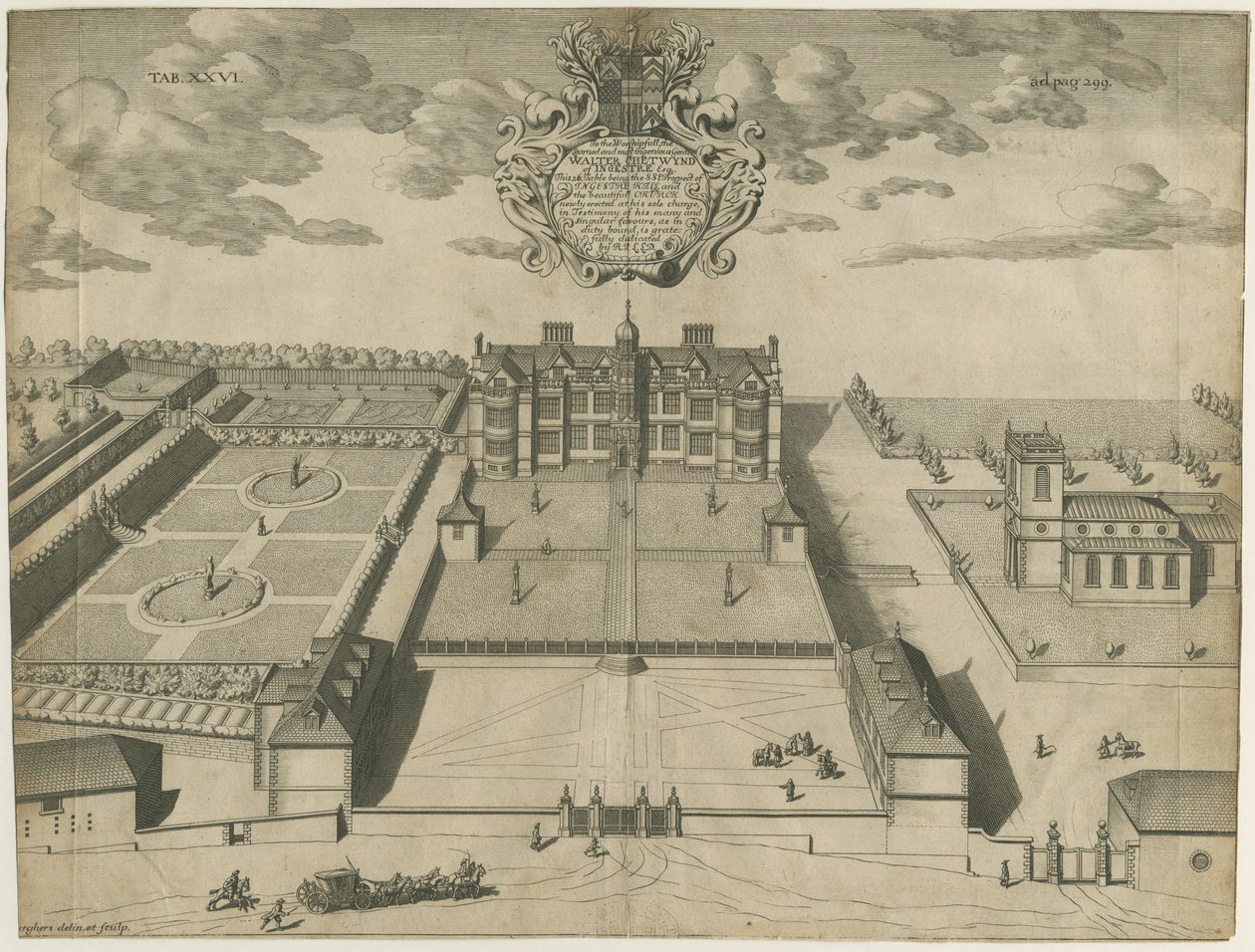 Ingestre Hall: gravura em placa de cobre, nd [1653-1686] (impressão) de Michael Burghers