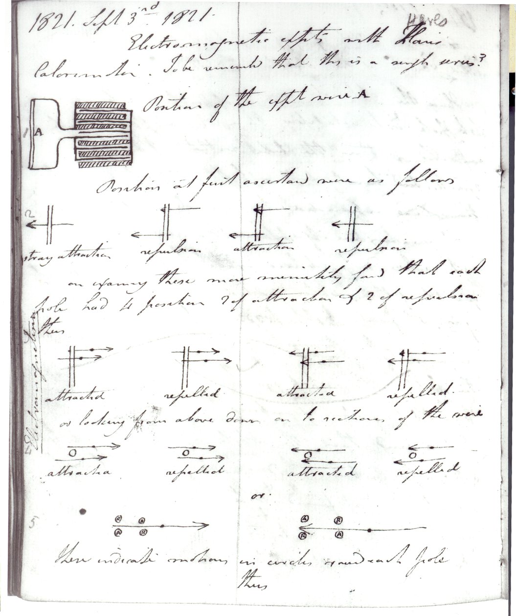Página 72 do caderno de Faraday, sobre a &39;Rotação do experimento atual&39;, 3 de setembro de 1821 de Michael Faraday