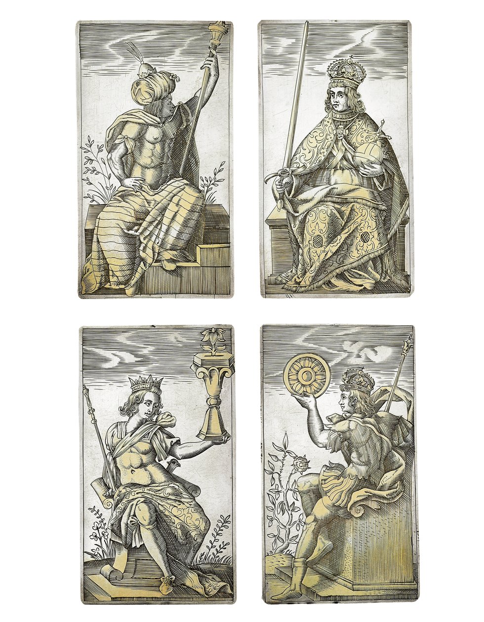 Detalhe de um conjunto extremamente raro de 52 cartas de jogar gravadas nos quatro naipes italianos, Augsburg de Michael Froemmer