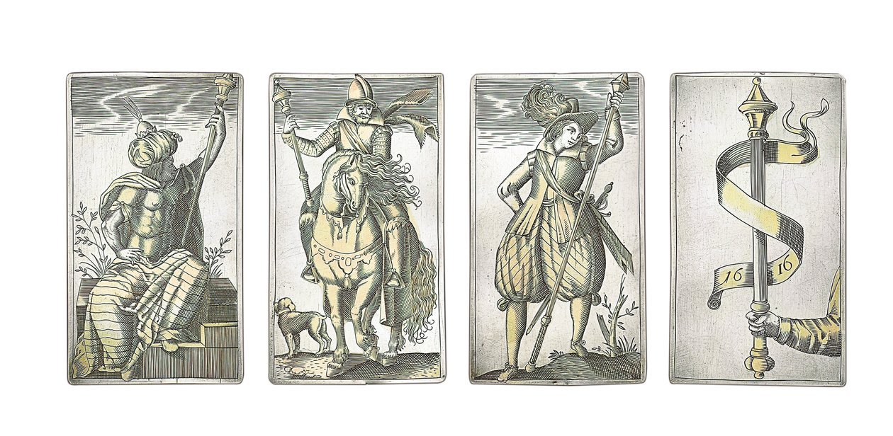 Detalhe de um conjunto extremamente raro de 52 cartas de jogar gravadas nos quatro naipes italianos, Augsburg de Michael Froemmer