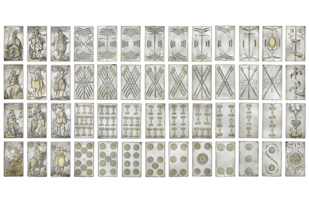 Conjunto extremamente raro de 52 cartas de jogar gravadas nos quatro naipes italianos, Augsburg de Michael Froemmer