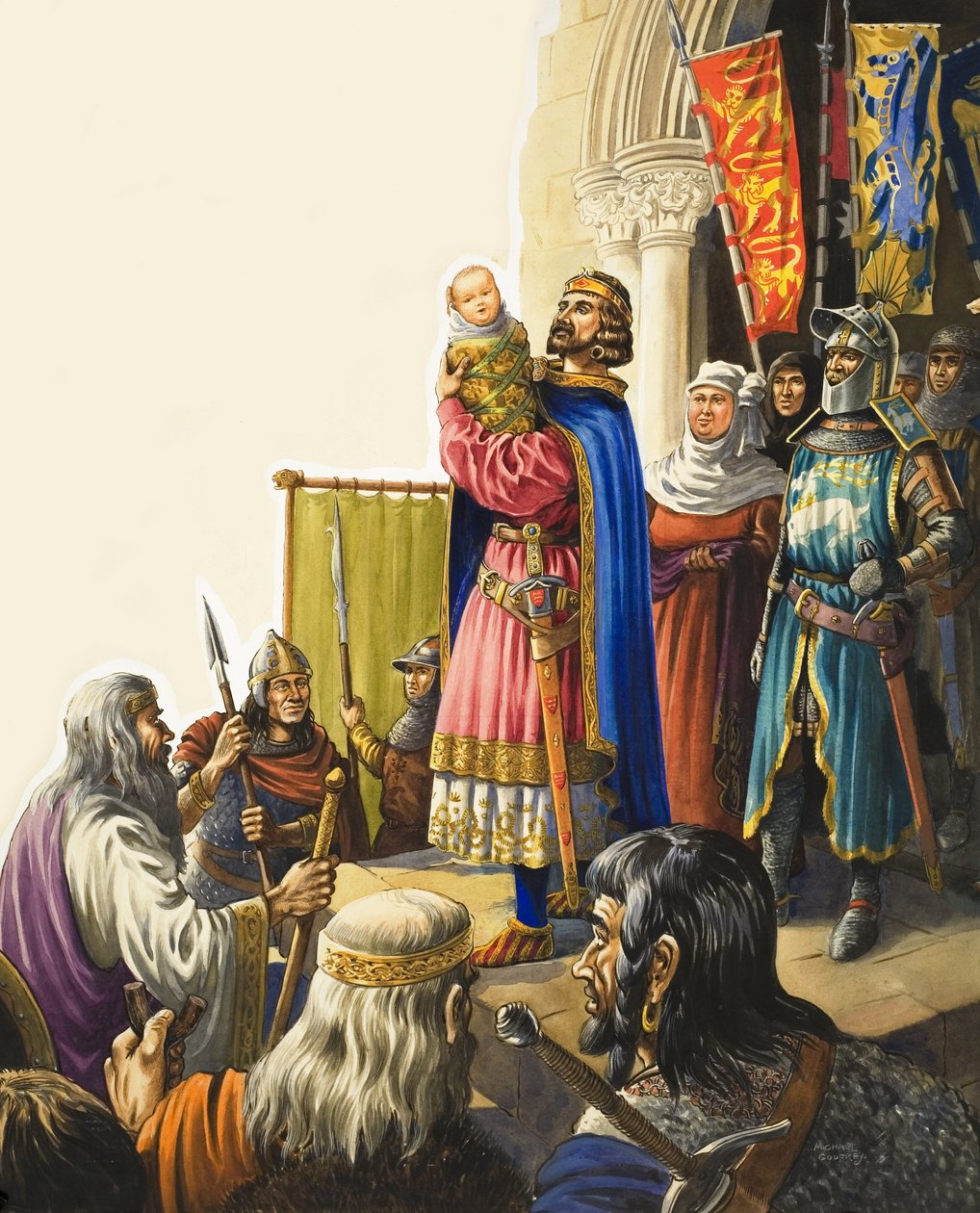 O rei Eduardo I (1239-1307) apresenta o seu filho bebé (guache sobre papel) de Michael Godfrey