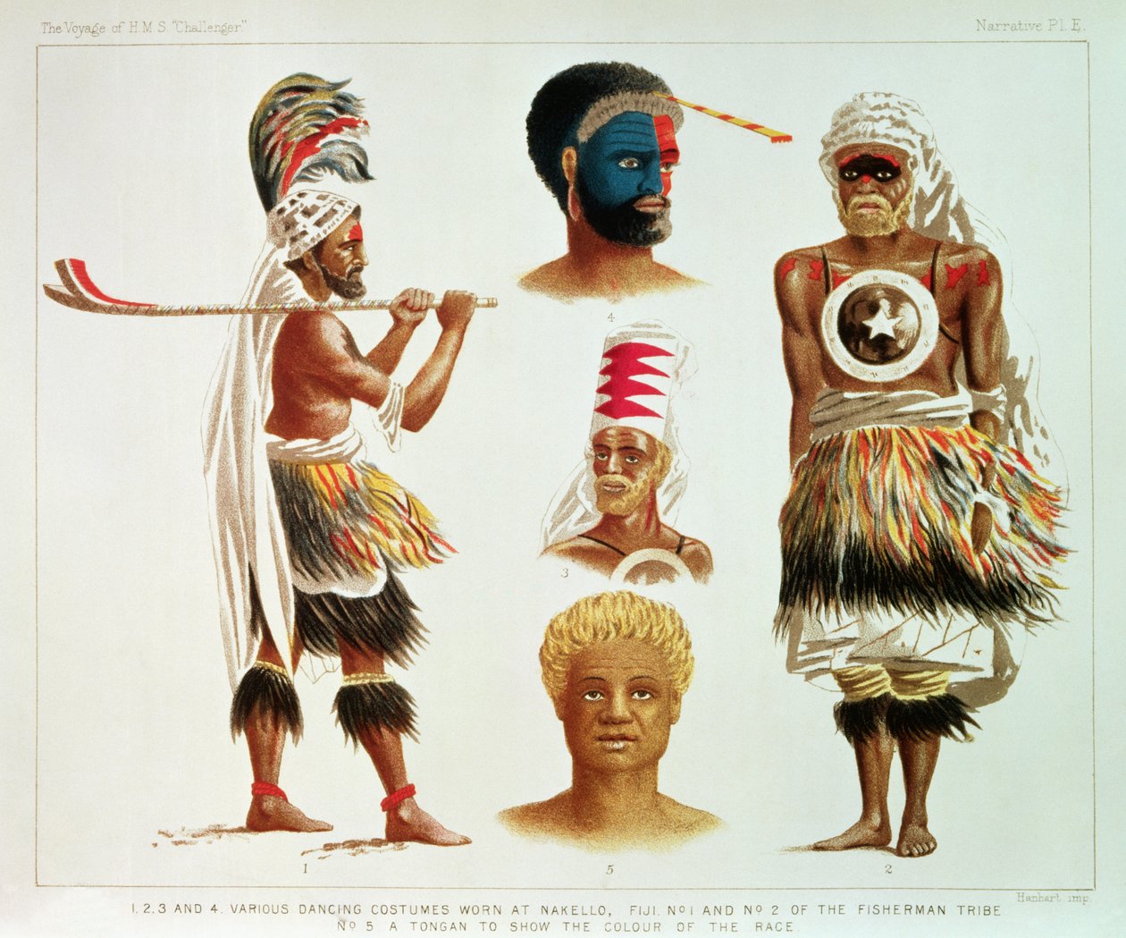 Vários trajes de dança usados em Nakello, Fiji, ilustração de &39;The Voyage of HMS Challenger&39; de Michael Hanhart