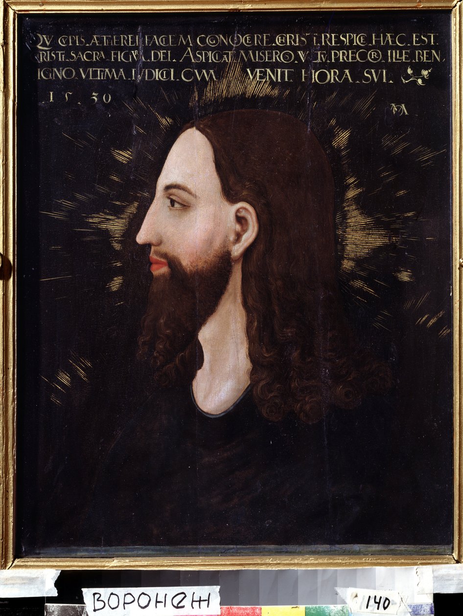 Retrato de Cristo. Perfil do rosto de Jesus Cristo rodeado por uma auréola luminosa. Pintura de Michael Ostendorfer de Michael Ostendorfer