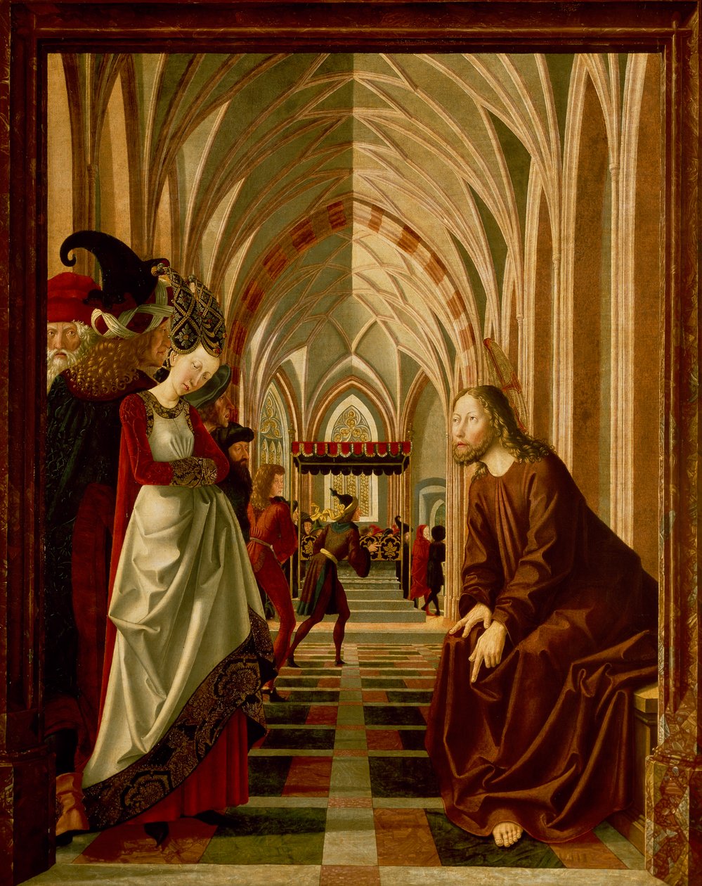 Cristo e a adúltera, painel de Stories of Christ, Altarpiece St Wolfgang de Michael Pacher