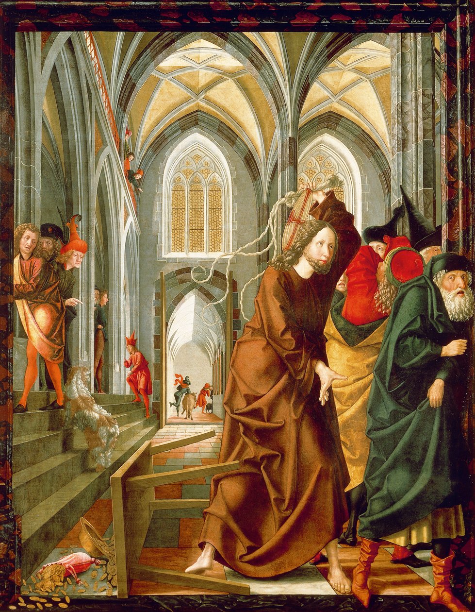 Cristo conduz os mercadores do Templo, painel de Histórias de Cristo, Altar de São Wolfgang de Michael Pacher