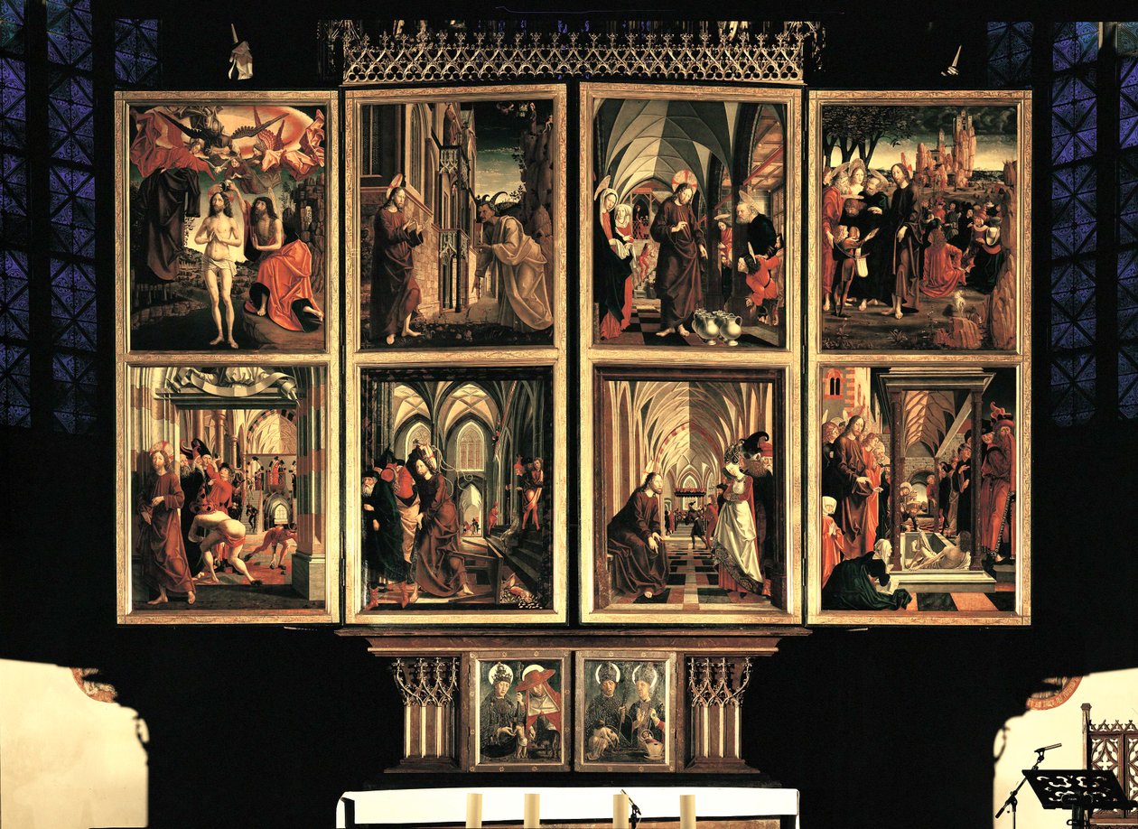 Altar de São Wolfgang, pares de persianas interiores fechadas. 8 cenas (pintura) de Michael Pacher