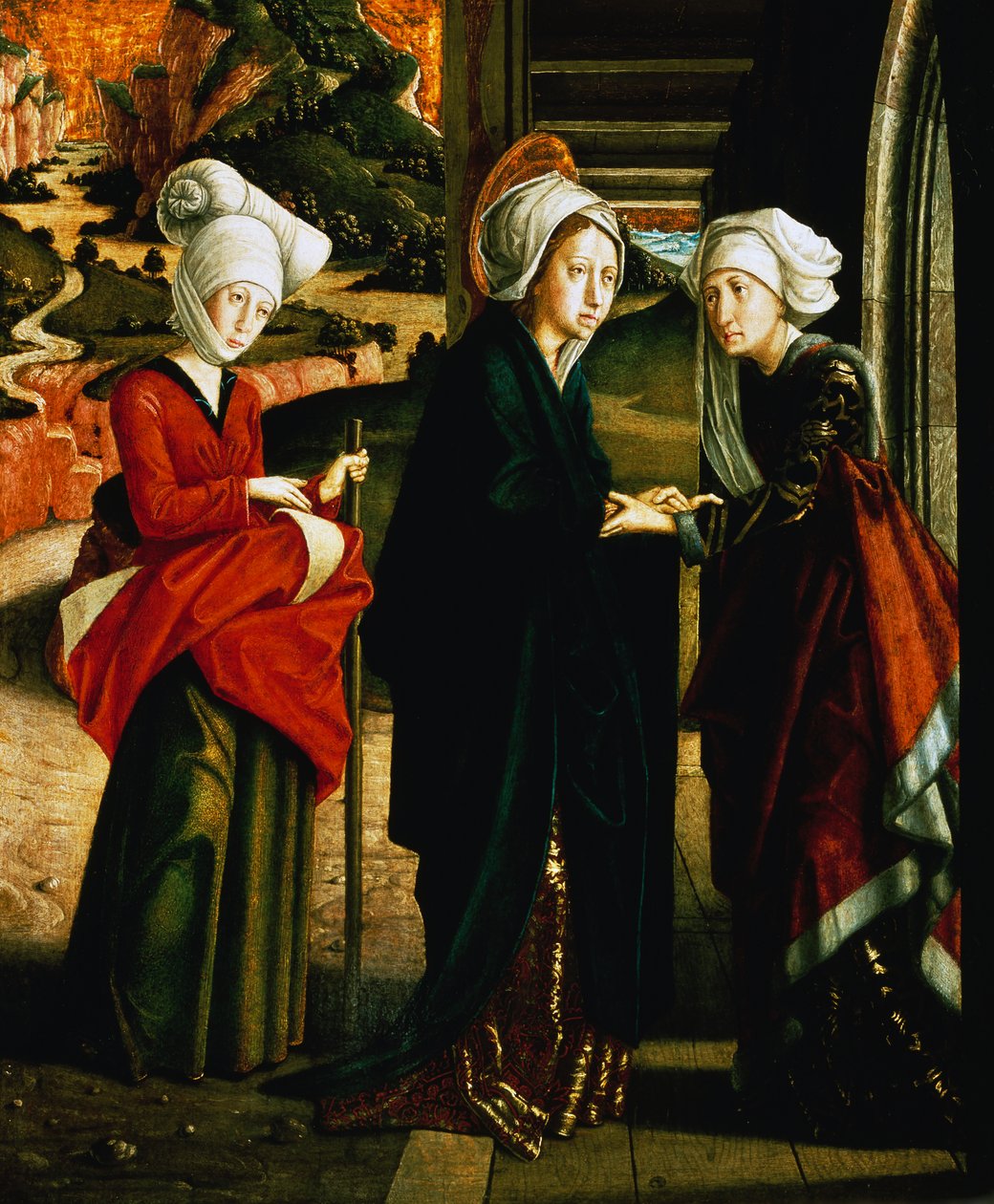 Visita de Maria, painel inferior de Cenas da vida de Cristo, capela de São Wolfgang Altarpiece St Wolfgang, St Wolfgang im Salzkammergut, Áustria de Michael Pacher