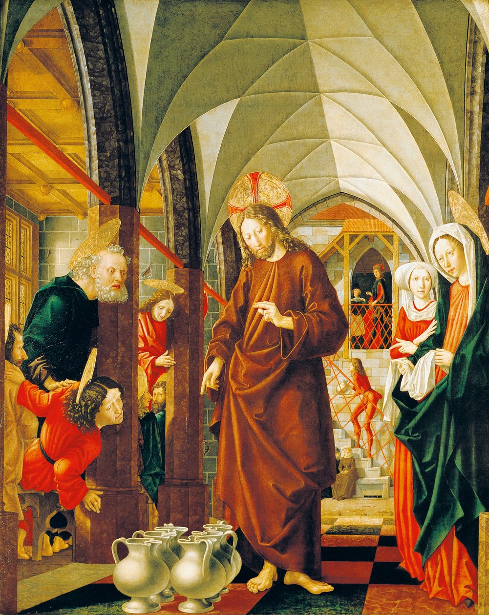 Casamento em Caná, painel de Stories of Christ, Altarpiece St Wolfgang de Michael Pacher