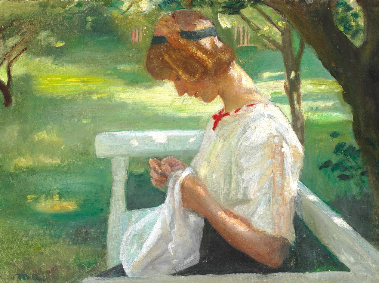 Ella Saxild a coser no jardim num dia de verão. de Michael Peter Ancher
