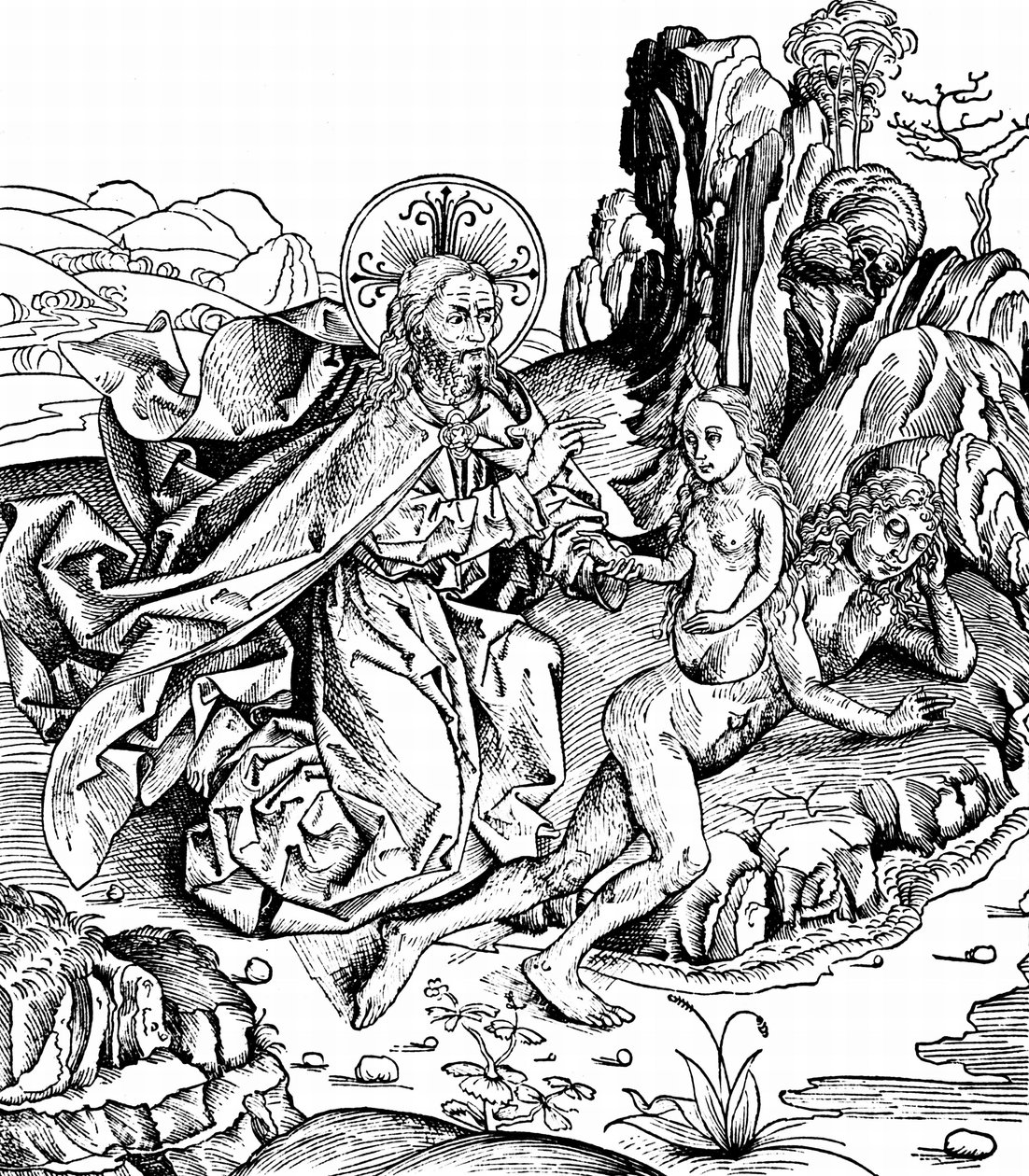 Depois de ter criado o universo, a Terra e todos os seres vivos, incluindo o homem, Deus pôs Adão num sono profundo e criou Eva a partir da costela de Adão. De Hartmann Schedel Liber chronicarum mundi de Michael & Pleydenwurff W. (d.1494) Wolgemuth
