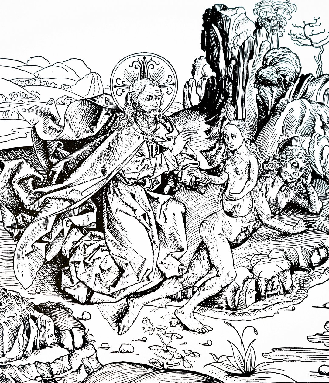 A criação de Adão e Eva a partir da Crónica de Nuremberga de Michael & Pleydenwurff W. (d.1494) Wolgemuth