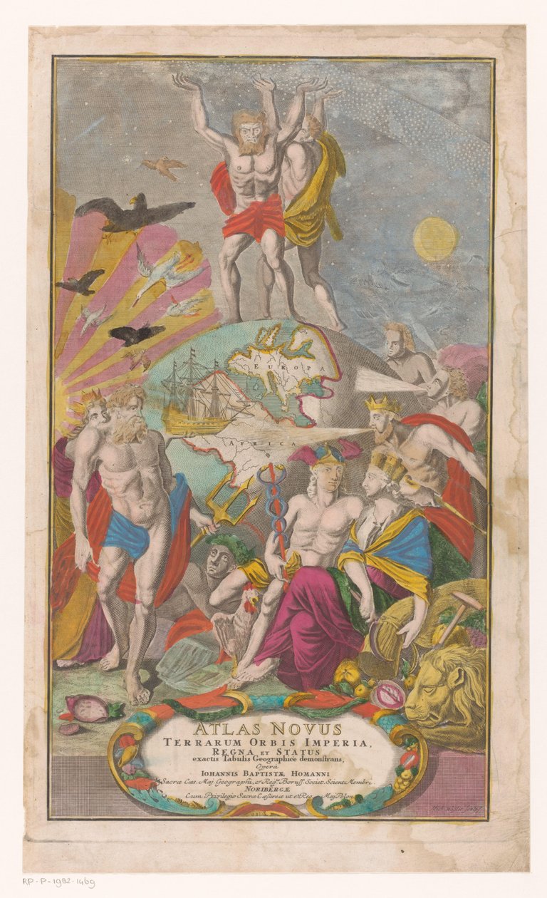 Atlas e Hércules transportam céus estrelados
Página de título para: Johann Baptista Homann, Atlas Novus Terrarum Orbis Imperia, Regna et Status exactis Tabulis Geographicè demonstrans, 1729 de Michael Rössler