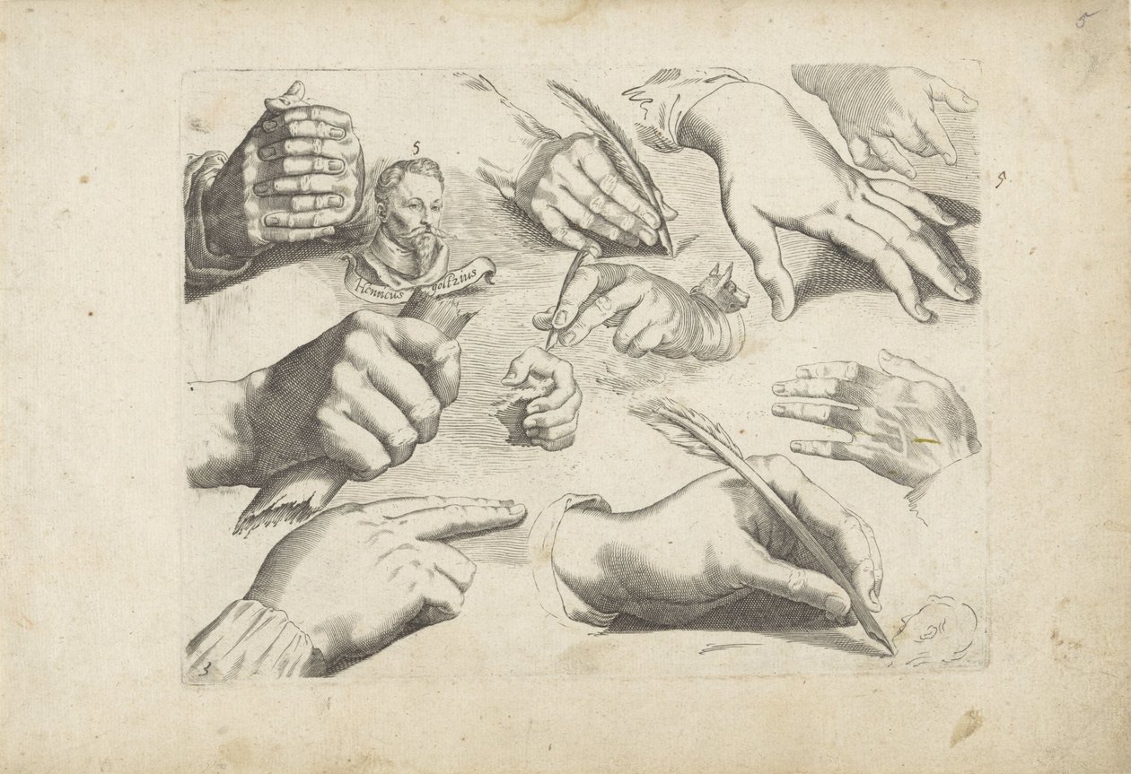 Folha de estudo com exemplos de desenho: mãos e retrato de Hendrick Goltzius de Michael Snijders