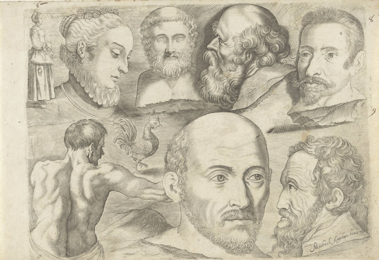 Folha de estudo com exemplos de desenho: figura em pé, galo e cabeças de Michael Snijders