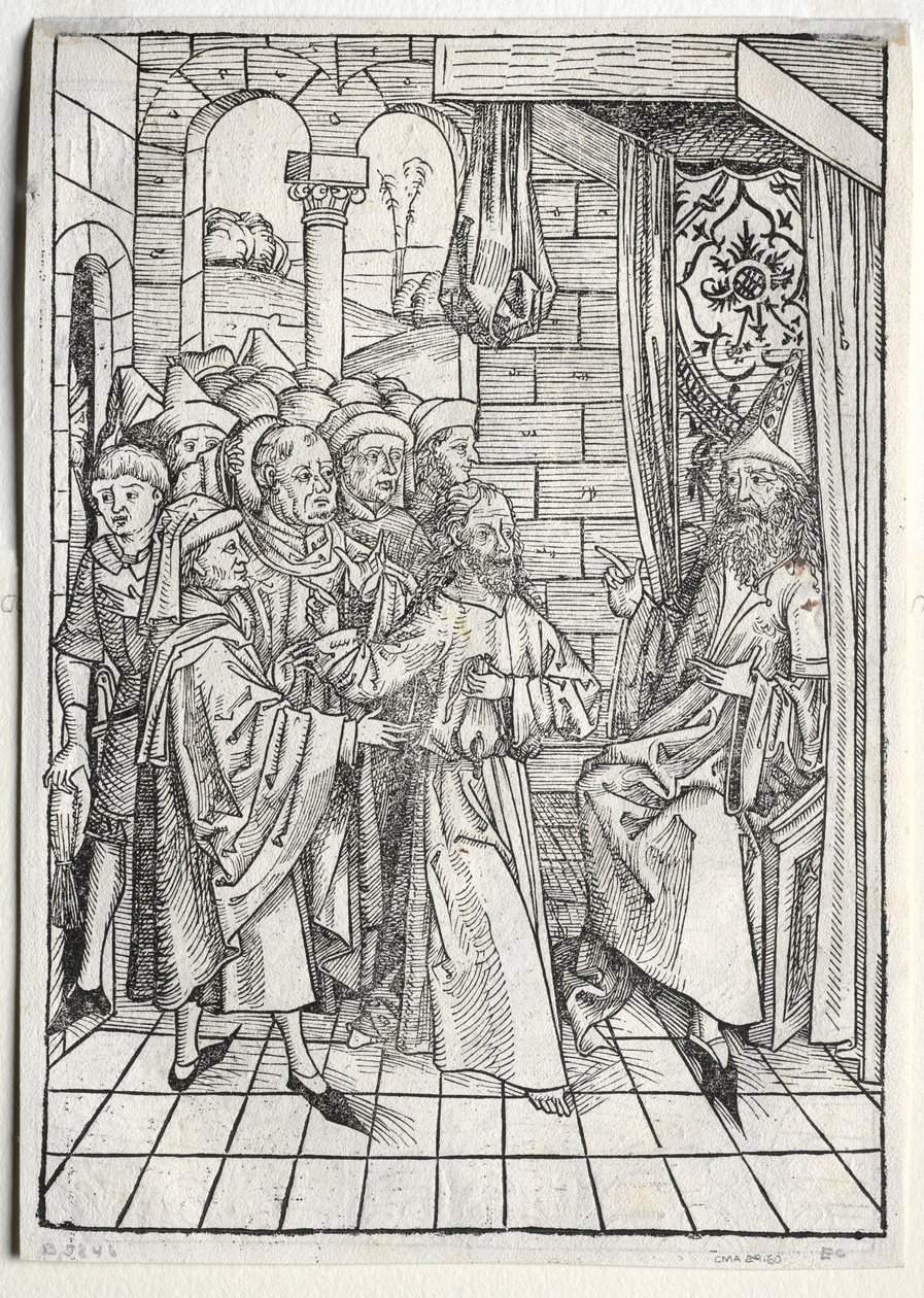 A arca do tesouro: Cristo antes de Caifás verso, 1491. de Michael Wolgemut