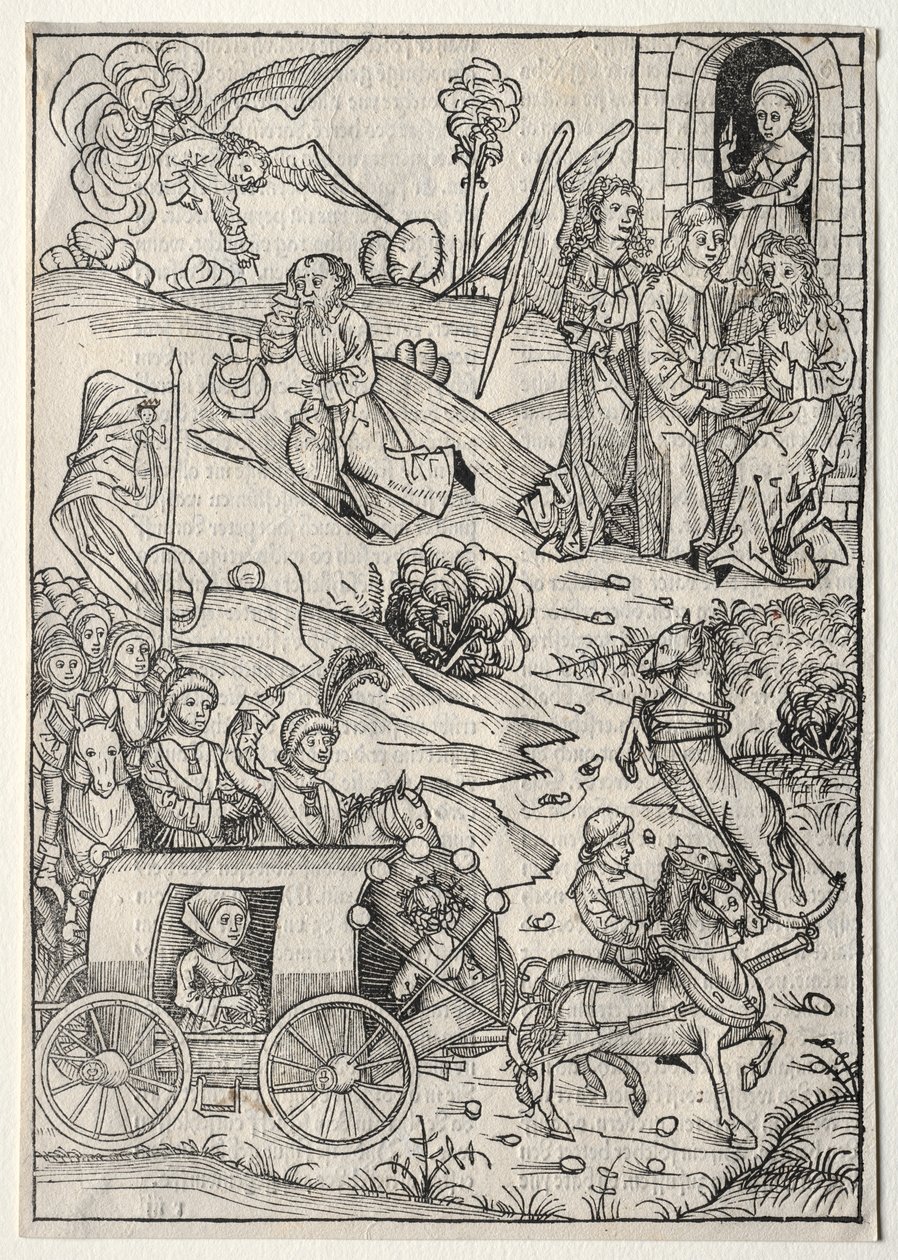 Der Schatzbehalter: O Retorno de Tobias a Tobit; A Chegada da Esposa de Tobias; O anjo trazendo comida e bebida para Elias no deserto de Michael Wolgemut