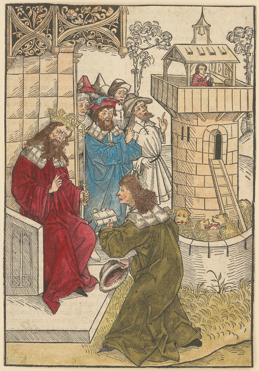 Ein Fürst kniet vor König Darius und der betende Daniel über der Löwengrube de Michael Wolgemut