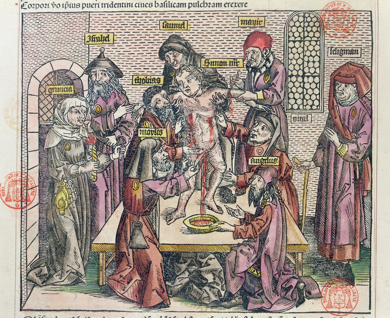 O martírio de Simão em Trento, depois de uma xilogravura em &39;Liber Chronicarum Mundi&39;, publicou Nuremburg, 1493 de Michael Wolgemut