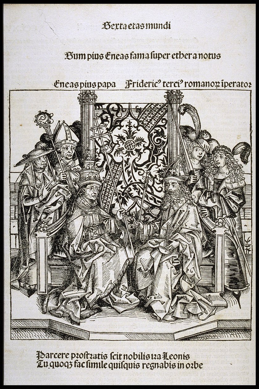 Encontro entre o Papa Pio II e Frederico III, Imperador da Alemanha, ca 1493. de Michael Wolgemut
