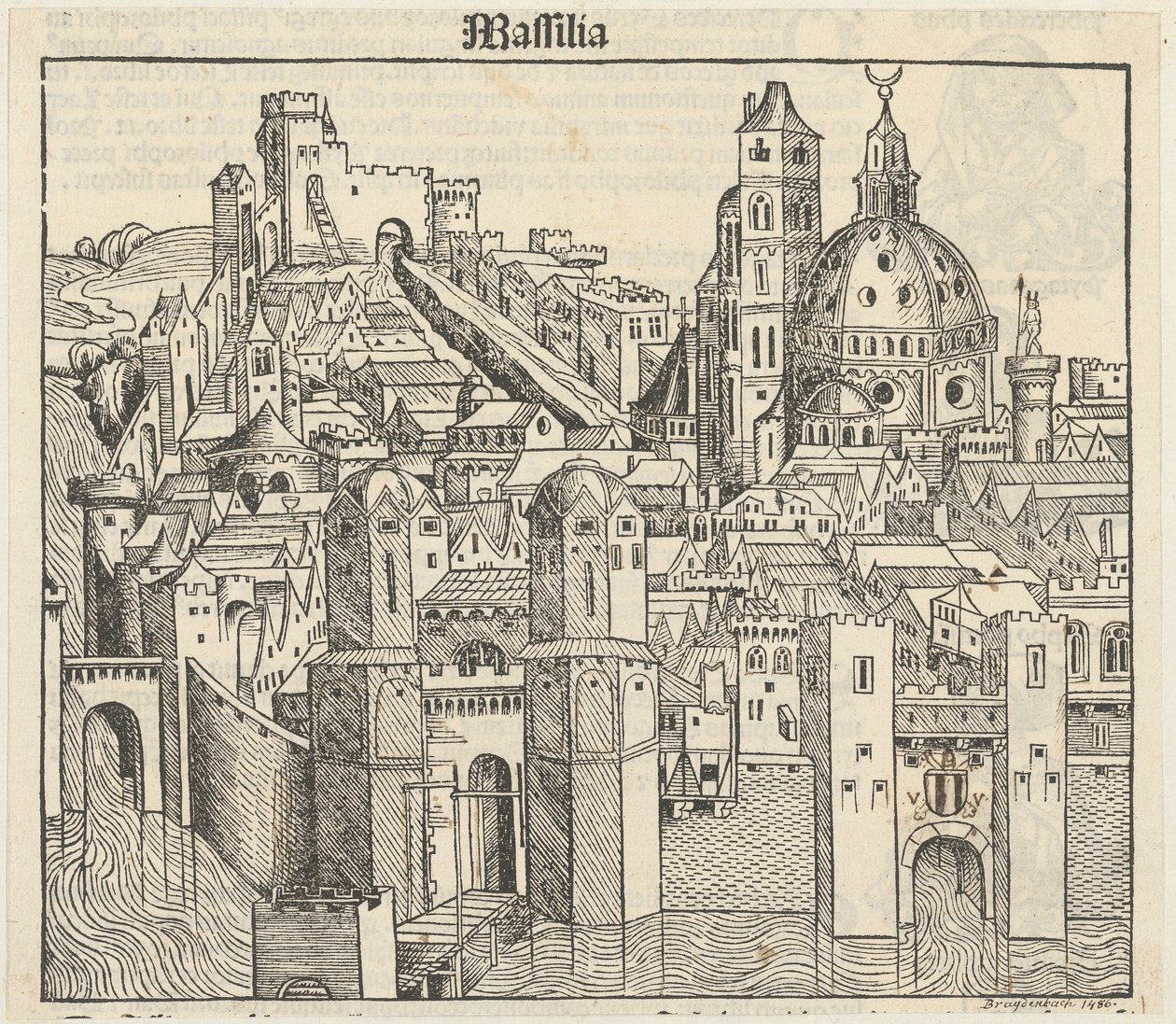 Phantasieansicht der Stadt Marseille [recto], drei Porträts (Phereades, Pythagoras und Sappho) [verso] de Michael Wolgemut