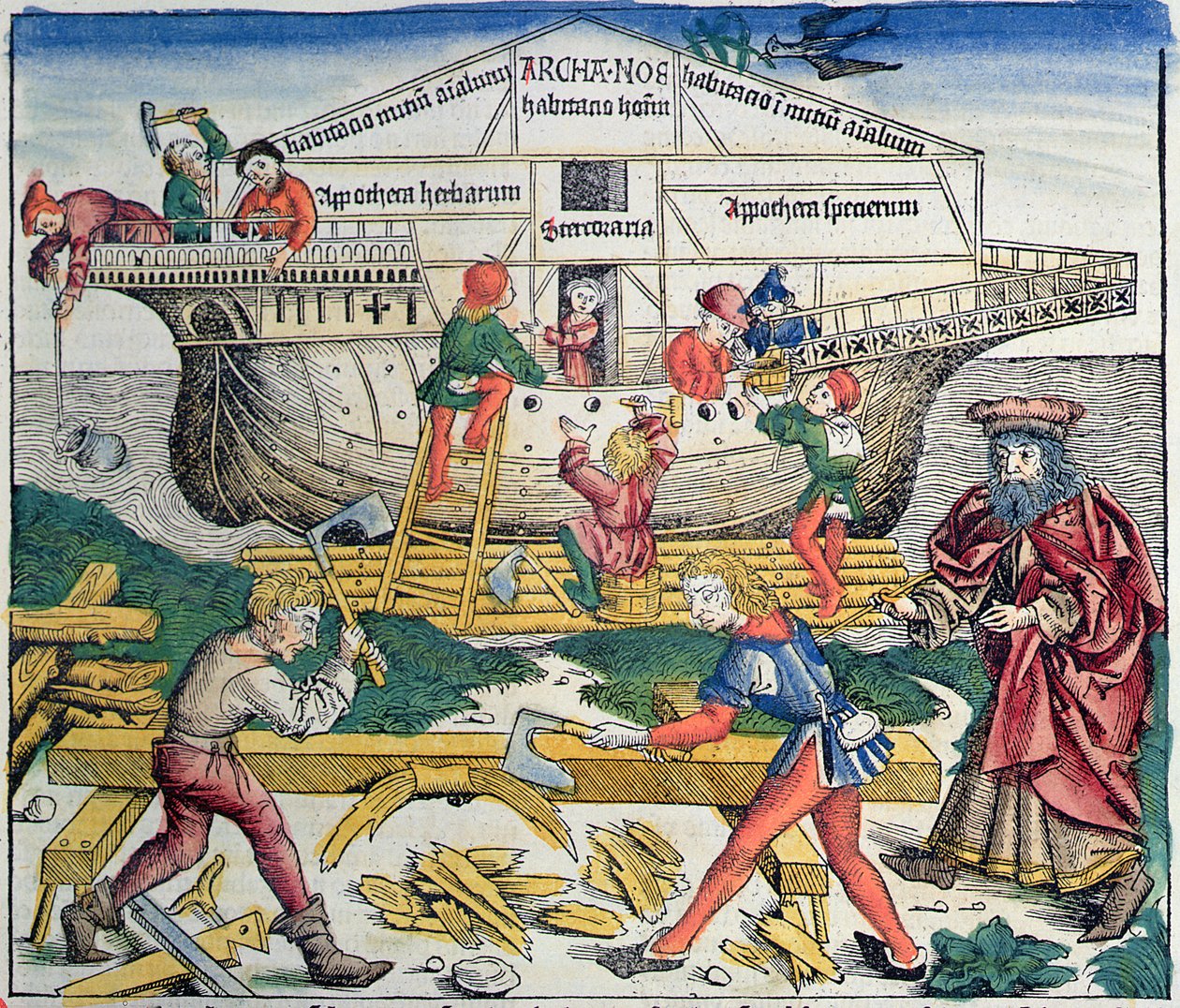 A construção da arca de Noé, da Crônica de Nuremberg por Hartmann Schedel, 1493 (xilogravura a cores) de Michael Wolgemut