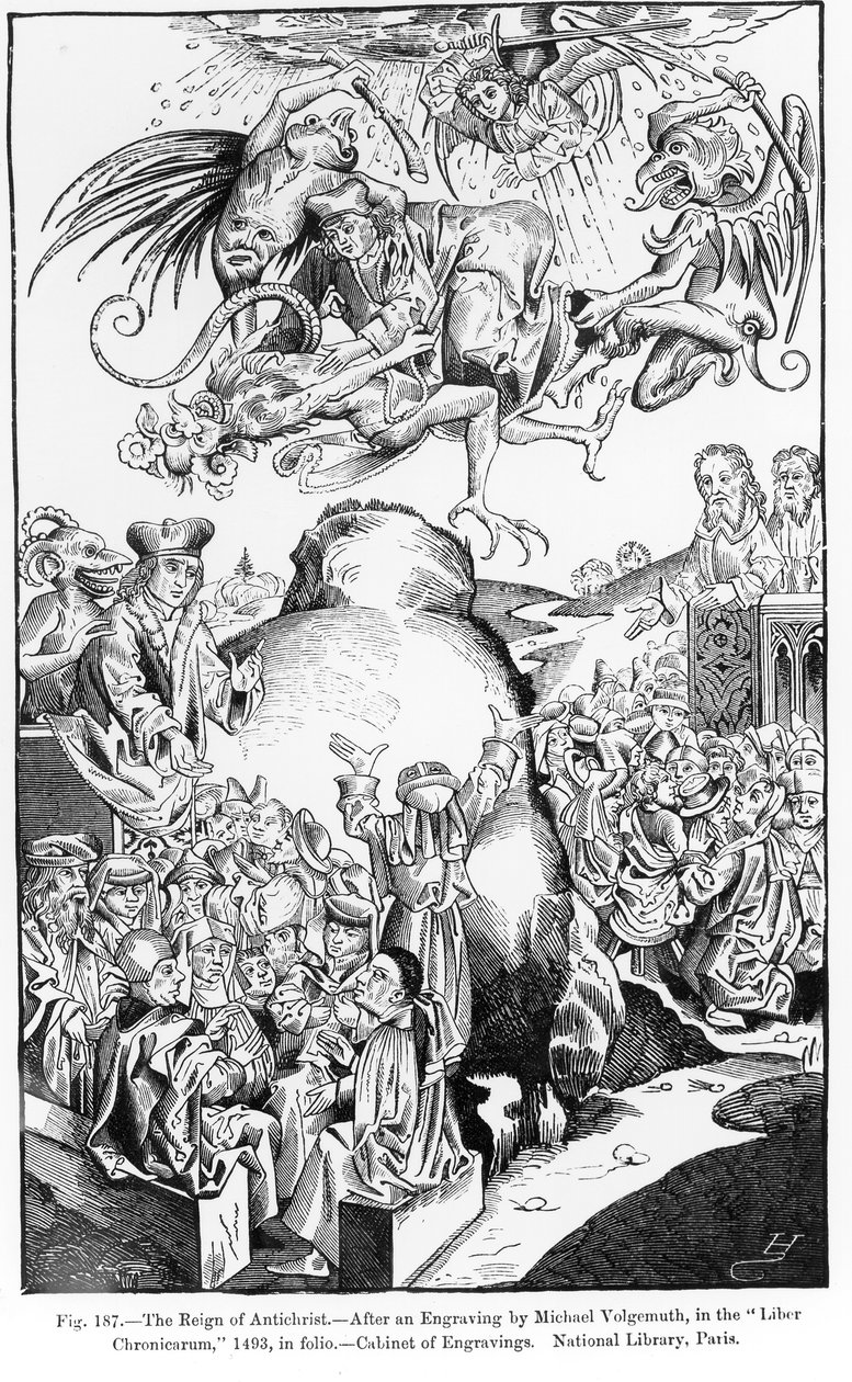 O Reino do Anticristo, do Liber Chronicarum, publicado em 1493, ilustração de Ciência e Literatura na Idade Média e Renascimento, escrito e gravado por Paul Lacroix, 1878 (gravado de Michael Wolgemut
