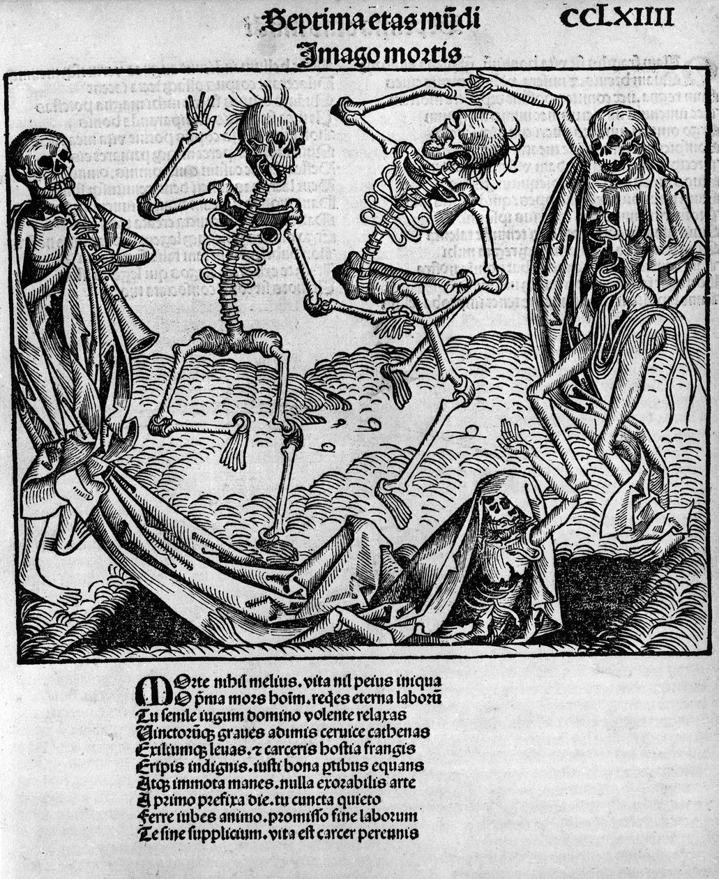 Cena de dança macabra, com esqueletos, - em "Chronicles of Nuremberg" de Hartmann Schedel (1440-1514), editado em Nuremberg por Anton Koberger, 12 de julho de Michael and Pleydenwurff W. (d.1494) Wolgemuth