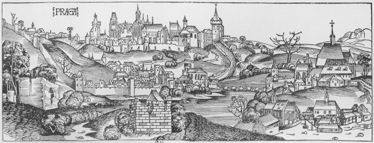 Vista de Praga, ilustração do &39;Liber Chronicarum&39; por Hartmann Schedel (1440-1514) publicado em Nuremberg, 1493 de Michael and Pleydenwurff, W. Wolgemuth