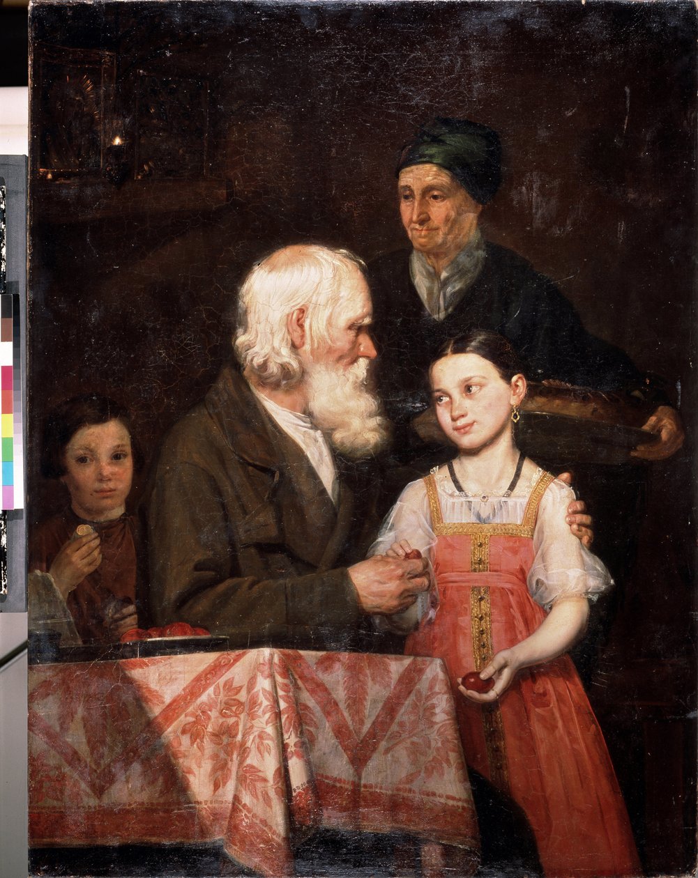 Páscoa. Um velho dá ovos vermelhos à sua neta, a avó traz um pãozinho tradicional da Páscoa. Pintura de Michail Andreevich Mokhov (1819-1903), óleo sobre tela de Michail Andreevich Mokhov