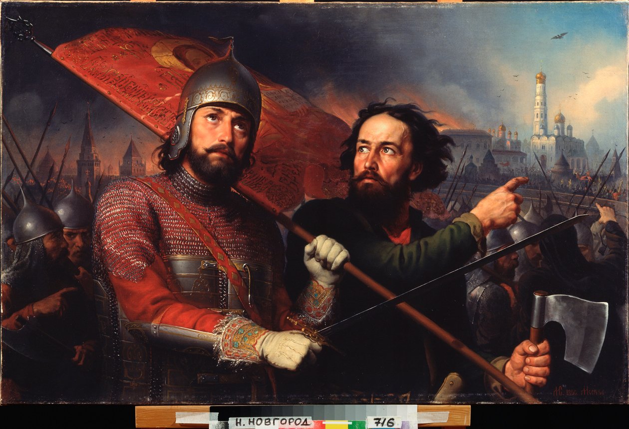 A revolta nacional de Kuzma (Kuzma ou Kozma) Minin (falecido em 1616) e Conde Dmitry Pojarski (Pozharsky) (1577-1642) (Libertação de Moscovo da ocupação polaca em 1612) - Pintura de Michail Ivanovich Skotti