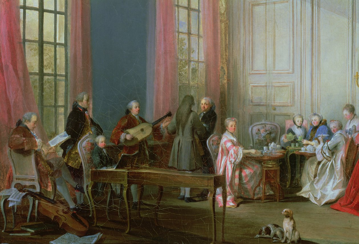 CRL29770 O jovem Mozart no clavicórdio, detalhe de Le The a l&39;Anglaise, um concerto na casa da Princesse de Conti, 1766 (detalhe de 26529) de Michel Barthelemy Ollivier or Olivier