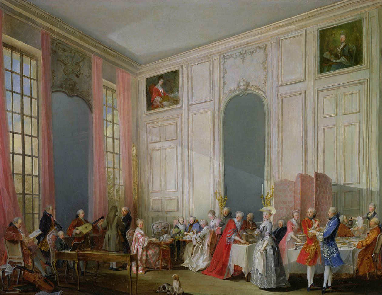 O chá inglês (le The a l&39;Anglaise) e um concerto da sociedade na casa da princesa de Conti, o Palais du Temple, em Paris, com o jovem Mozart no clavicórdio, 1766 de Michel Barthelemy Ollivier or Olivier