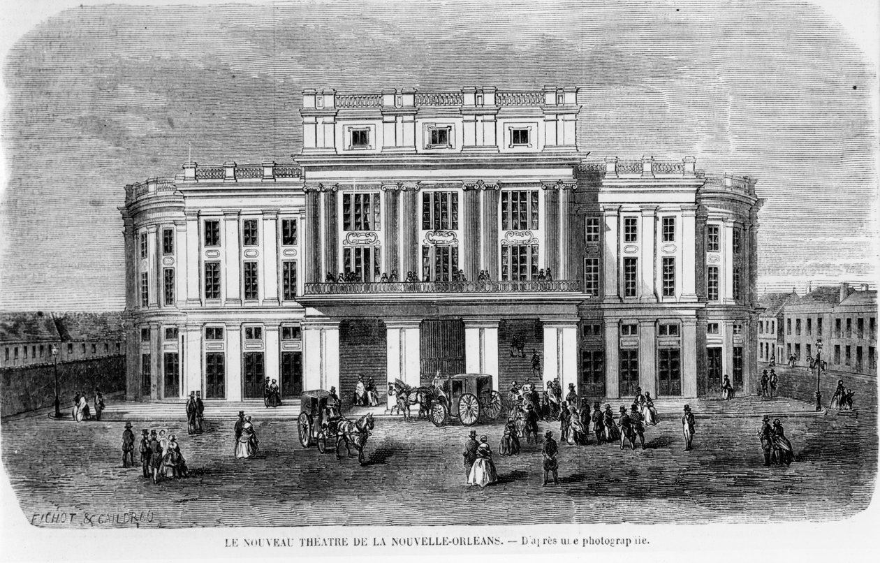 O novo teatro em Nova Orleans, gravado após uma fotografia, 1859 de Michel C. and Gaildrau, Jules Fichot