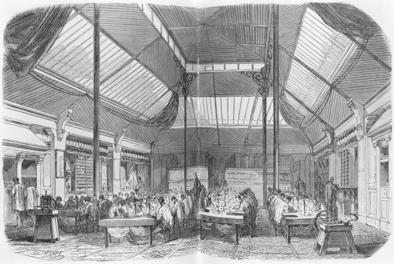 Oficina de joalharia durante o Segundo Império, ilustração de &39;Les Grandes Usines&39; por Julien Turgan, c.1880 de Charles Fichot