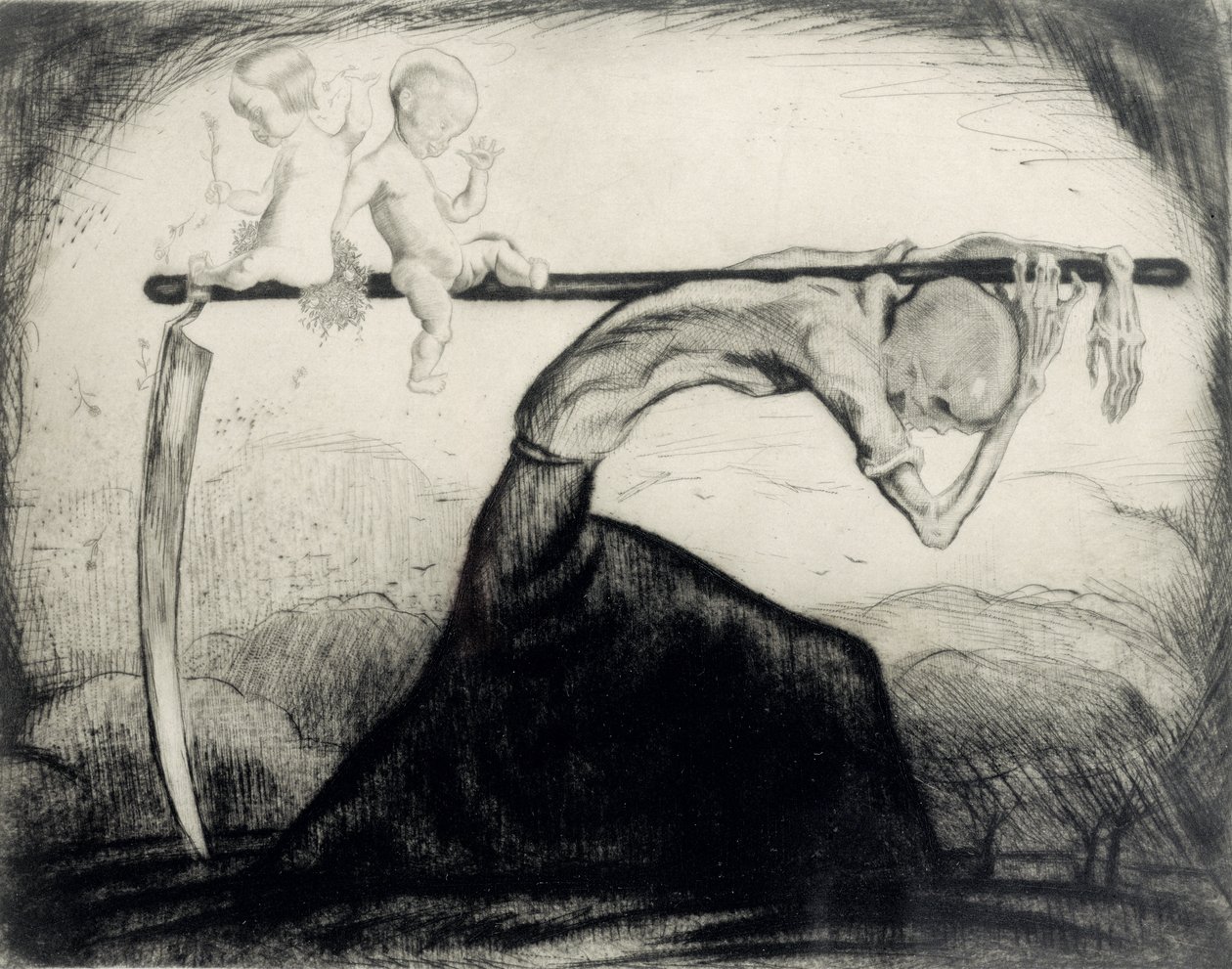 Morte com Dois Filhos Realizados em sua Foice, 1915 (gravura sobre papel) de Michel Fingesten