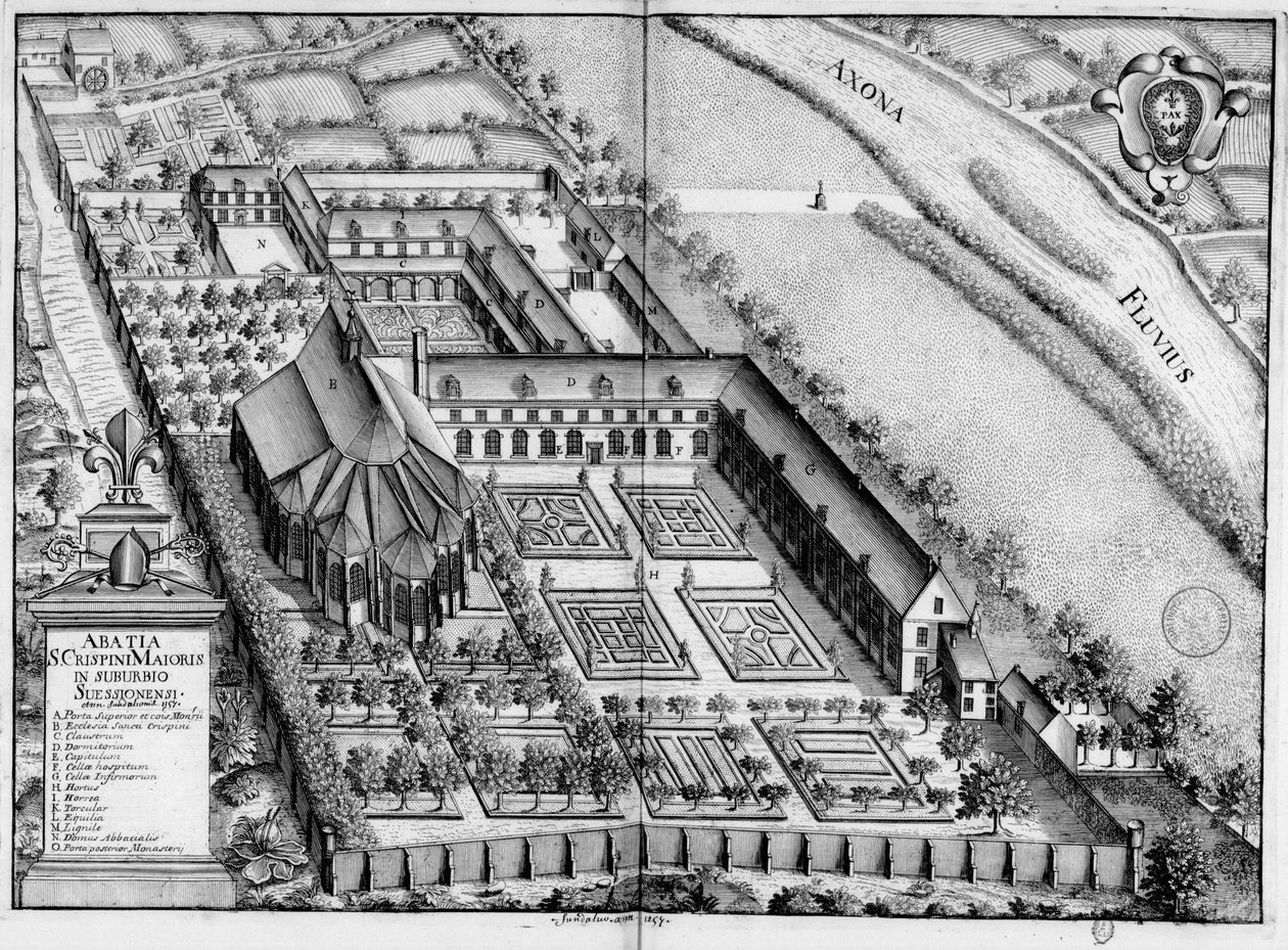 Placa gravada do século XVII representando a Abadia de Saint-Crépin-Le-Grand de Soissons, no livro Monasticon Gallicanum de Michel Germain