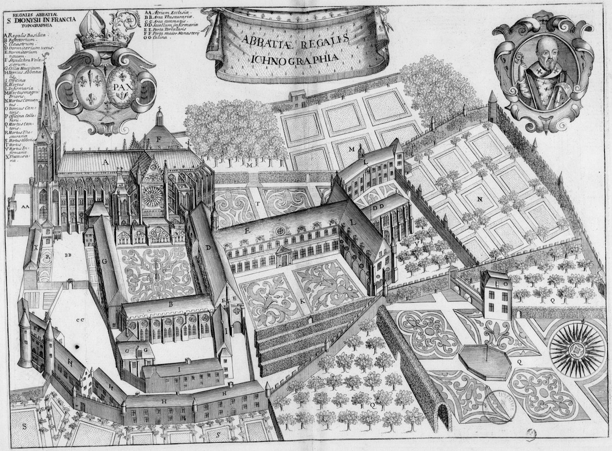 Placa gravada do século XVII representando a abadia de Saint-Denis na França, no livro Monasticon Gallicanum de Michel Germain