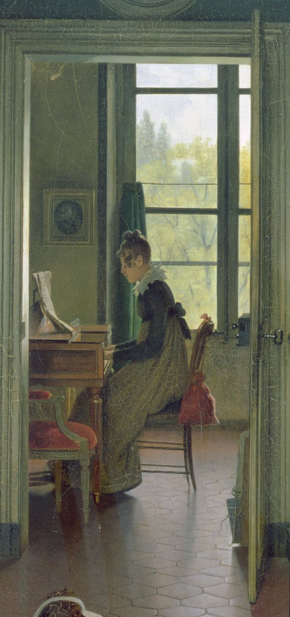 Interior de uma sala de jantar, detalhe de uma mulher tocando piano na sala ao lado, 1816 (detalhe de 106942) de Michel Martin Drolling