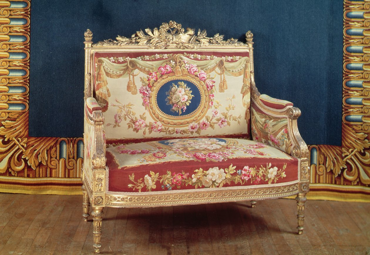Assento de amor estilo Louis XVI para o salão do Chateau de Saint-Cloud, 1855 (madeira e tapeçaria) de Michel Victor Cruchet