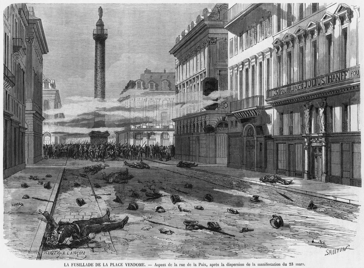Tiroteio da Place Vendome, após a dispersão da manifestação em rue de la Paix, Paris, gravada por Burn Smeeton (fl.1840-60) 23 de março de 1871 de Michel and Lancon, Auguste Fichot
