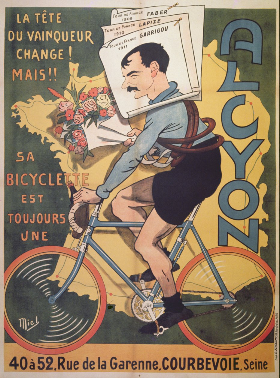Cartaz de publicidade &39;Alcyon&39; ciclos com os vencedores do Tour de France Faber (1909), Lapize (1910), Garrigou (1911) 1911 de Michel Liebeaux