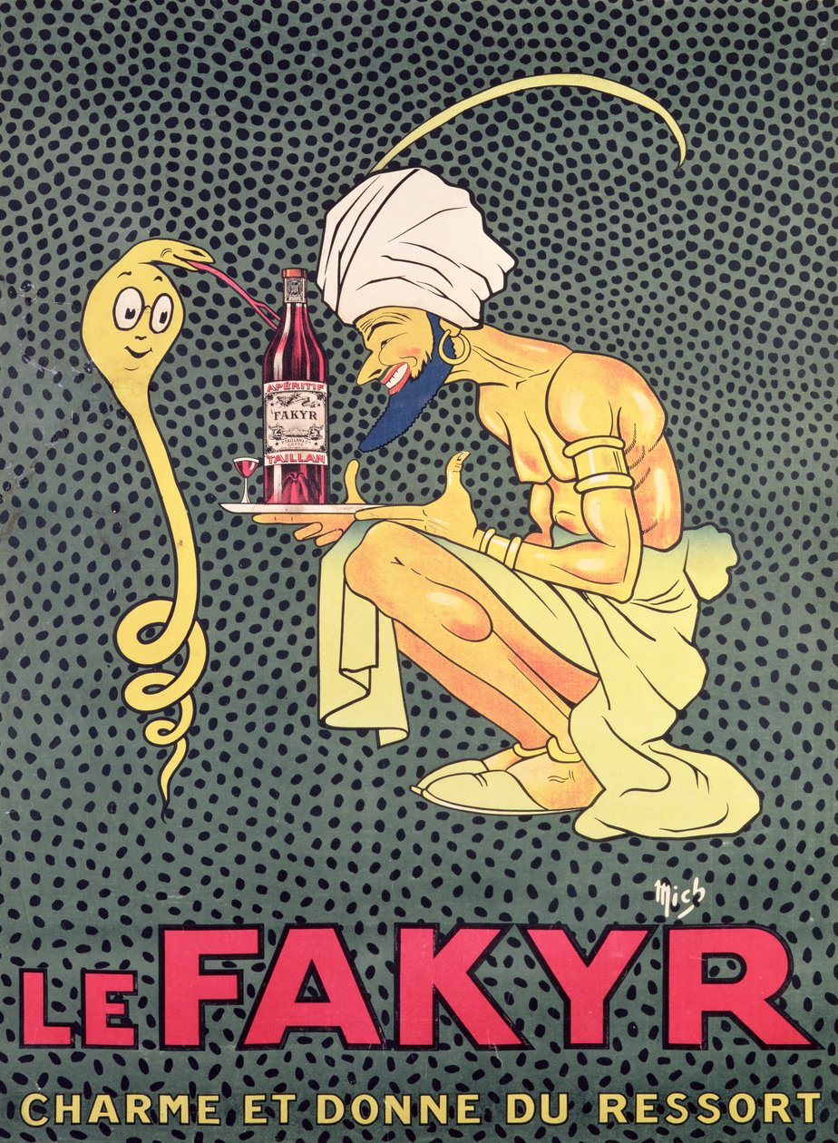 O Fakyr: encantador e doador de espírito, anúncio para o aperitivo &39;Fakyr&39; (gravura colorida à mão) de Michel Liebeaux