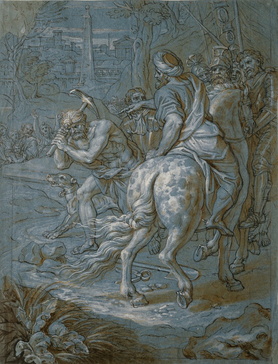 Chão para a Ereção da Cruz, c.1680 (caneta e tinta marrom com lavagem e guache sobre papel) de Michel des Gobelins Corneille