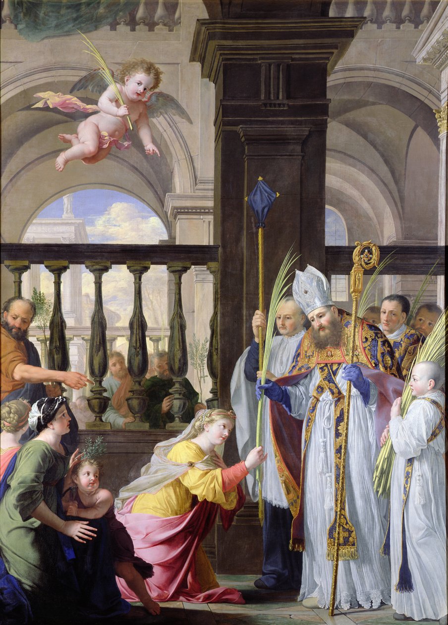 St. Genevieve recebendo uma palmeira de St. Medard no Domingo de Ramos de Michel des Gobelins Corneille