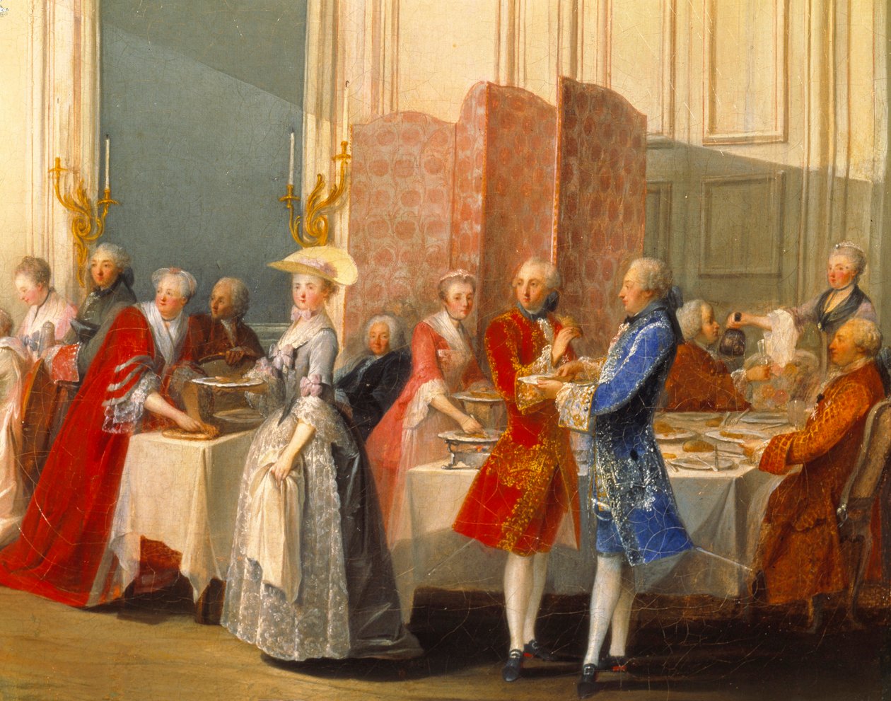 Buffet com convidados junto a um biombo. Detalhe de “” Le The al "Englishman servido no Salon des Quatre-Glaces de Michel Barthelemy Ollivier or Olivier