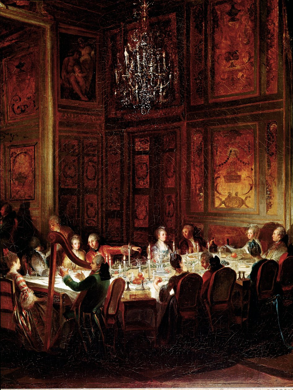 Jantar do Príncipe Louis François de Conti, Palácio do Templo" Detalhe. Pintura de Michel Barthelemy Ollivier (1712-1784) 1766 Sol. 0,56x0,71 Versailles, musee du chateau de Michel Barthelemy Ollivier or Olivier