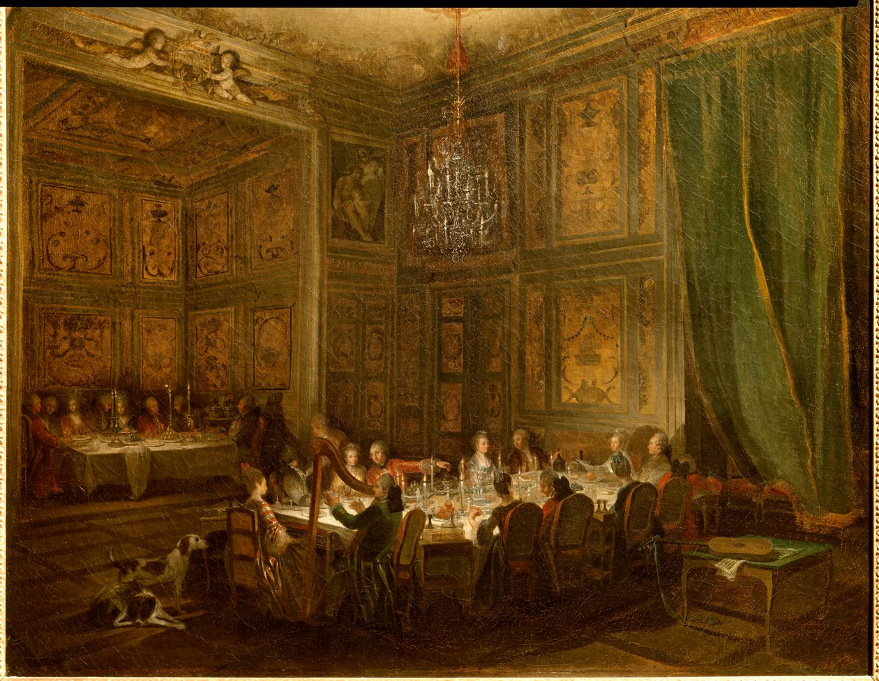 Jantar do Príncipe Louis François de Conti, Pintura do Palácio do Templo por Michel Barthelemy Ollivier (1712-1784) 1766 Sol. 0,56x0,71 de Michel Barthelemy Ollivier or Olivier